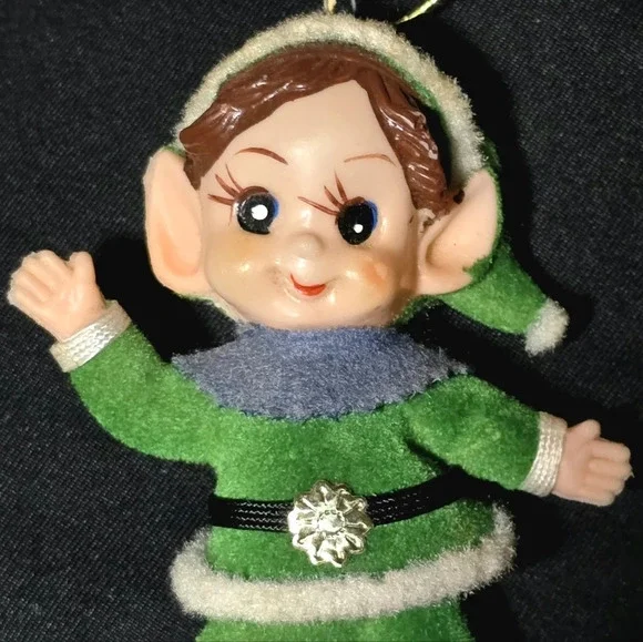 Sweet Little Vintage Flocked Elf Pixie Flocked Ornament - Picture 3 of 3